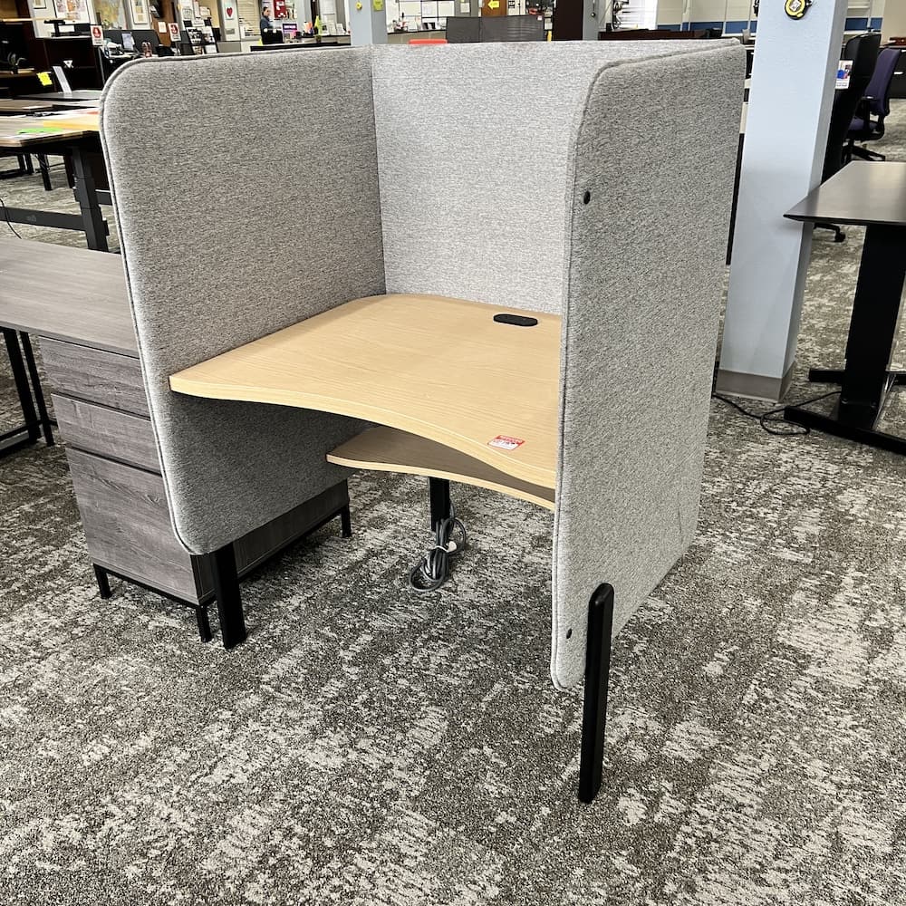 grey upholstered and maple laminate desk study test carrel, jasper, used office furniture