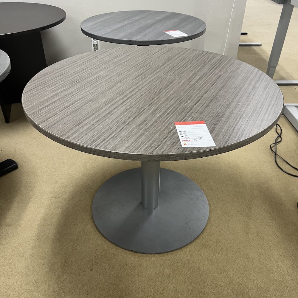 42" Walnut Grey Laminate and Grey Metal Base Round Break Room Table