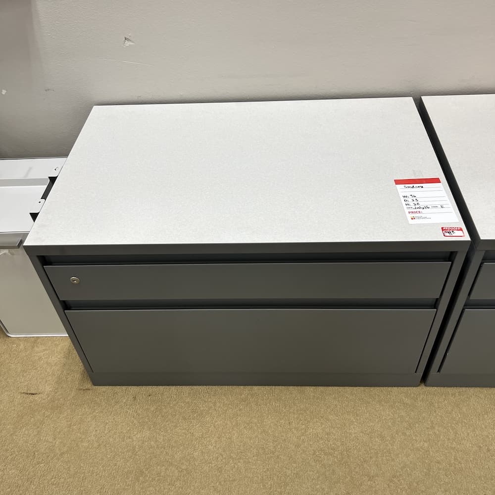 grey metal base lateral with white laminate top, used office furniture, steelcase