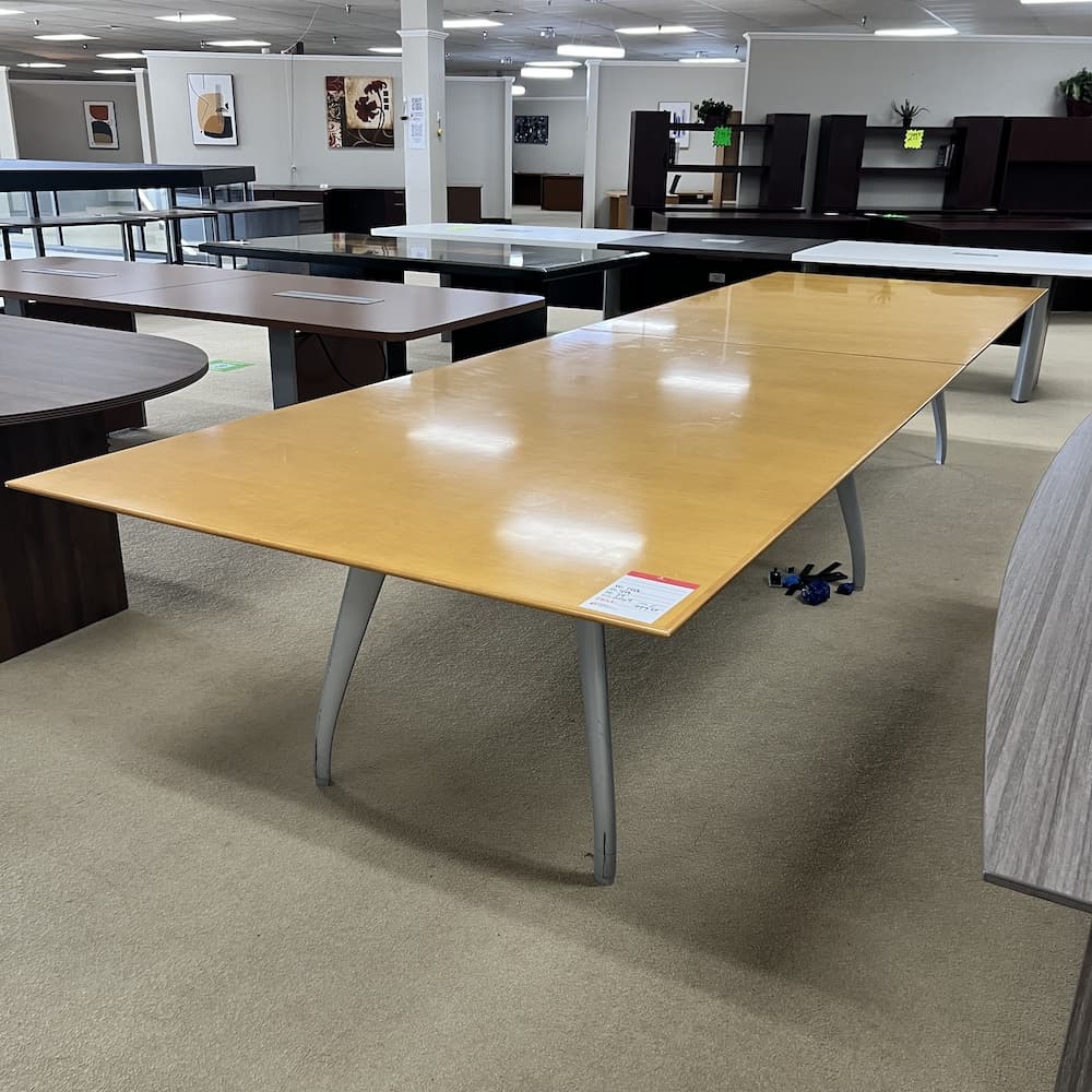 honey veneer knife edge rectangle conference table with grey metal oblique legs, used office furniture 14 foot