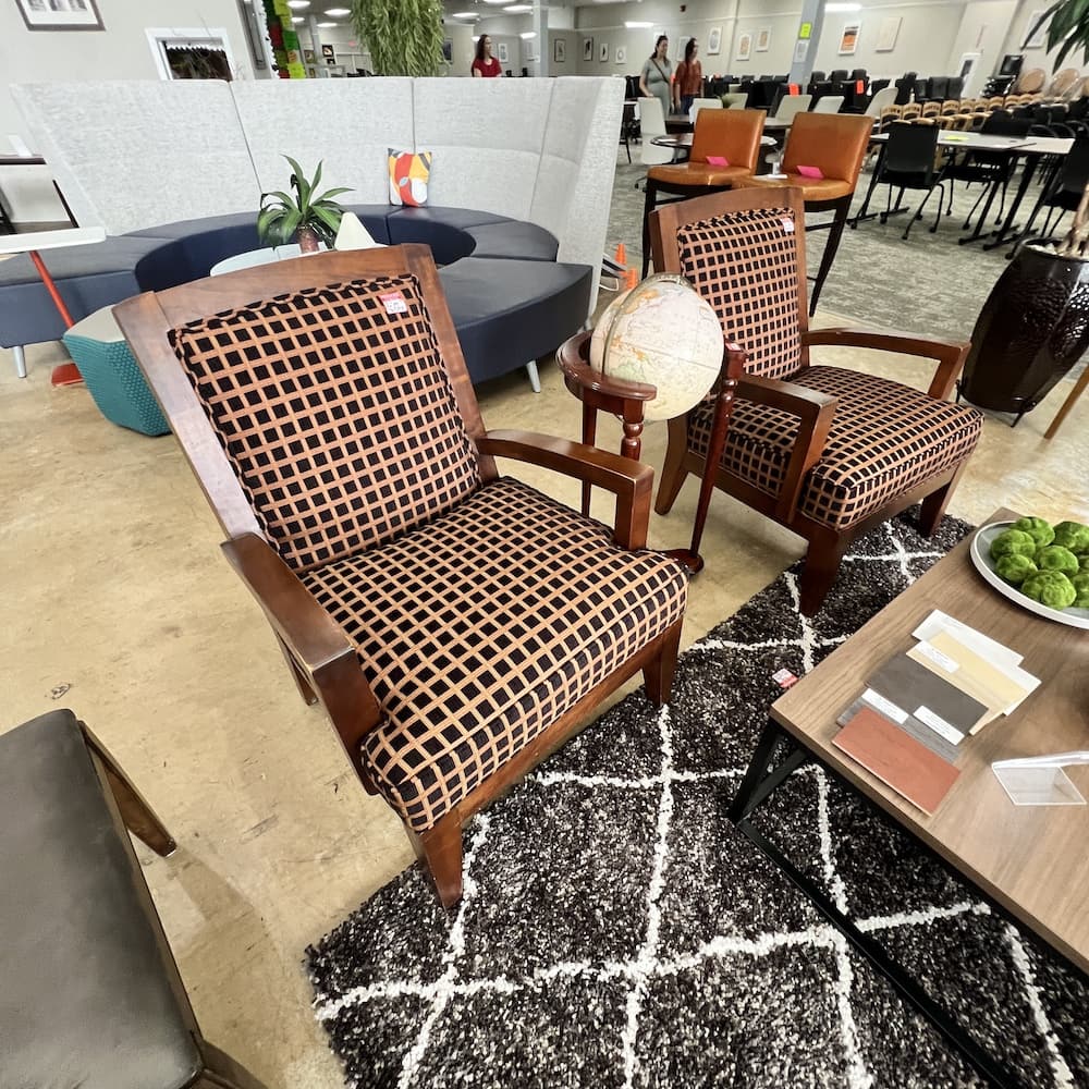 Set of 2 - Geometric Vintage Brown Black and Mahogany Veneer Arm Chair