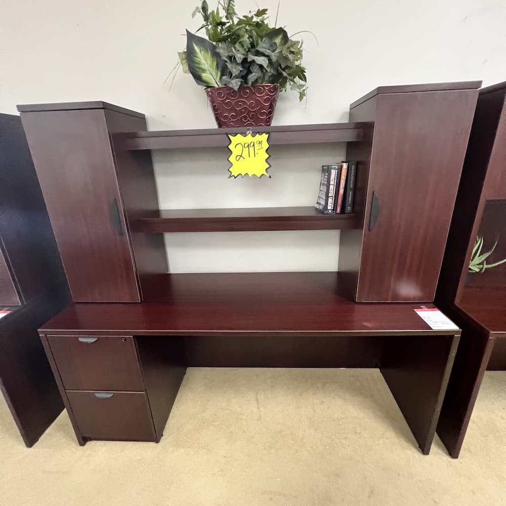 mahogany desk with file file, hutch, shelving