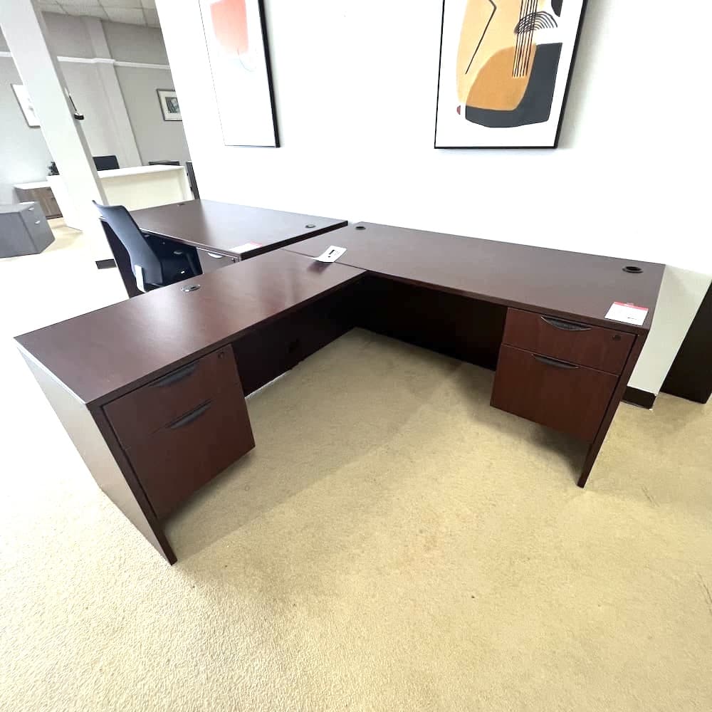 mahogany l-desk left return with double hanging box files, used office furniture