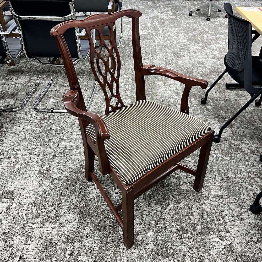 mahogany veneer dining arm chair with stripe seat upholstery, used furniture