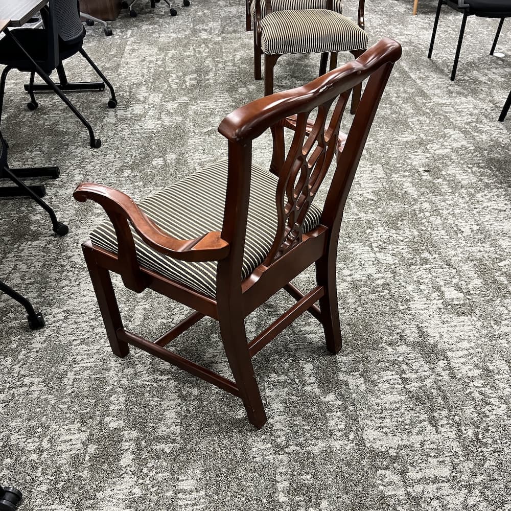 mahogany veneer dining arm chair with stripe seat upholstery, used furniture