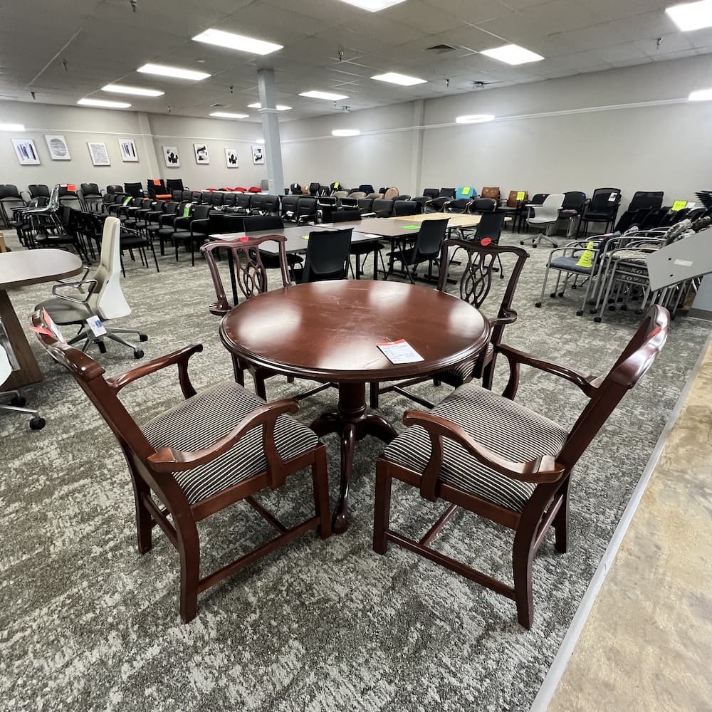 mahogany traditional veneer round table and chairs, dining commercial, steelcase, used vintage furniture