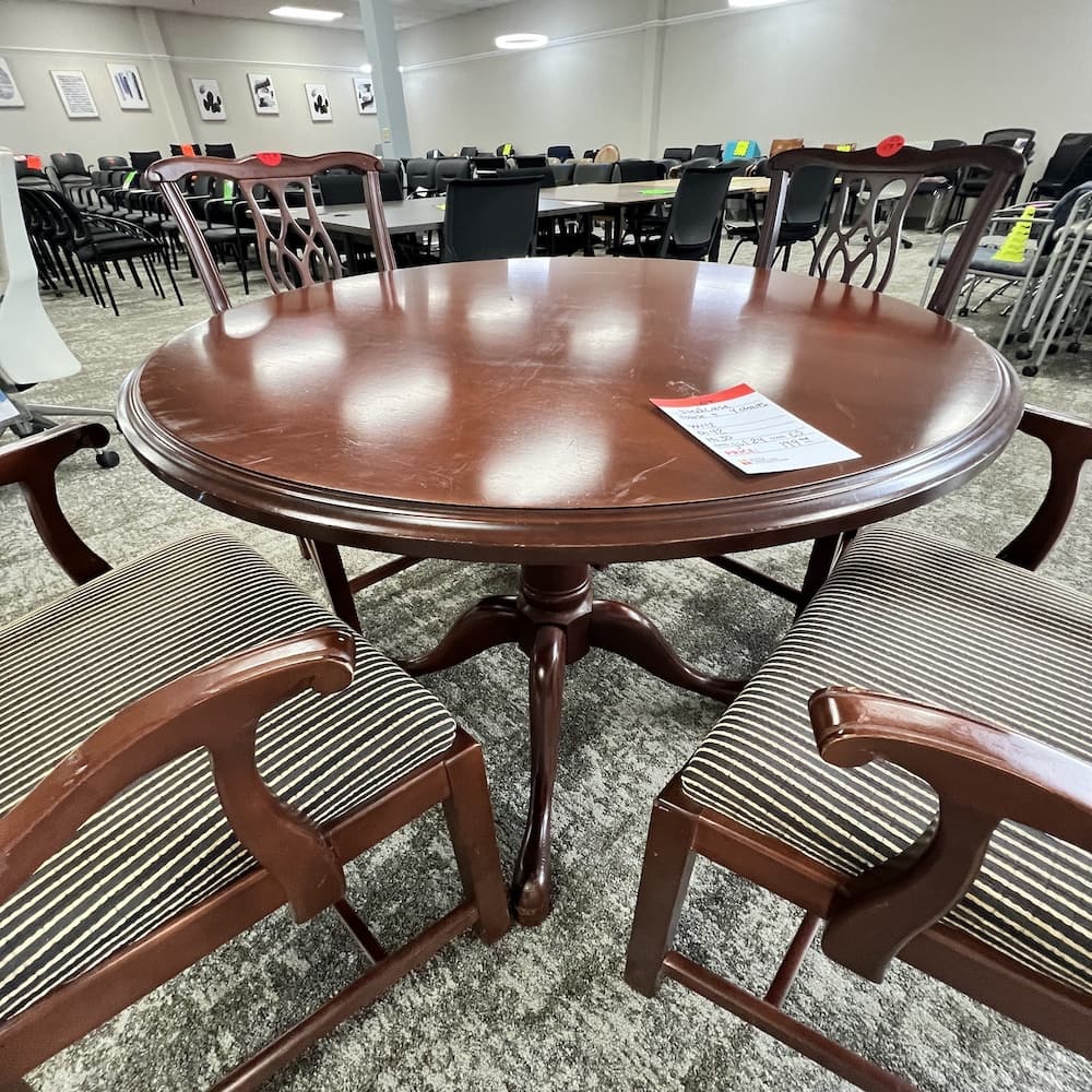 mahogany traditional veneer round table and chairs, dining commercial, steelcase, used vintage furniture