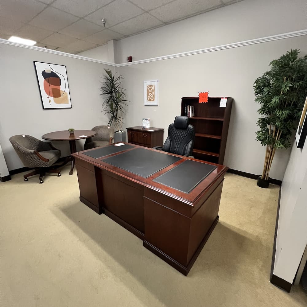 traditional veneer decks executive set, mahogany Kimball steelcase, vintage, used office furniture
