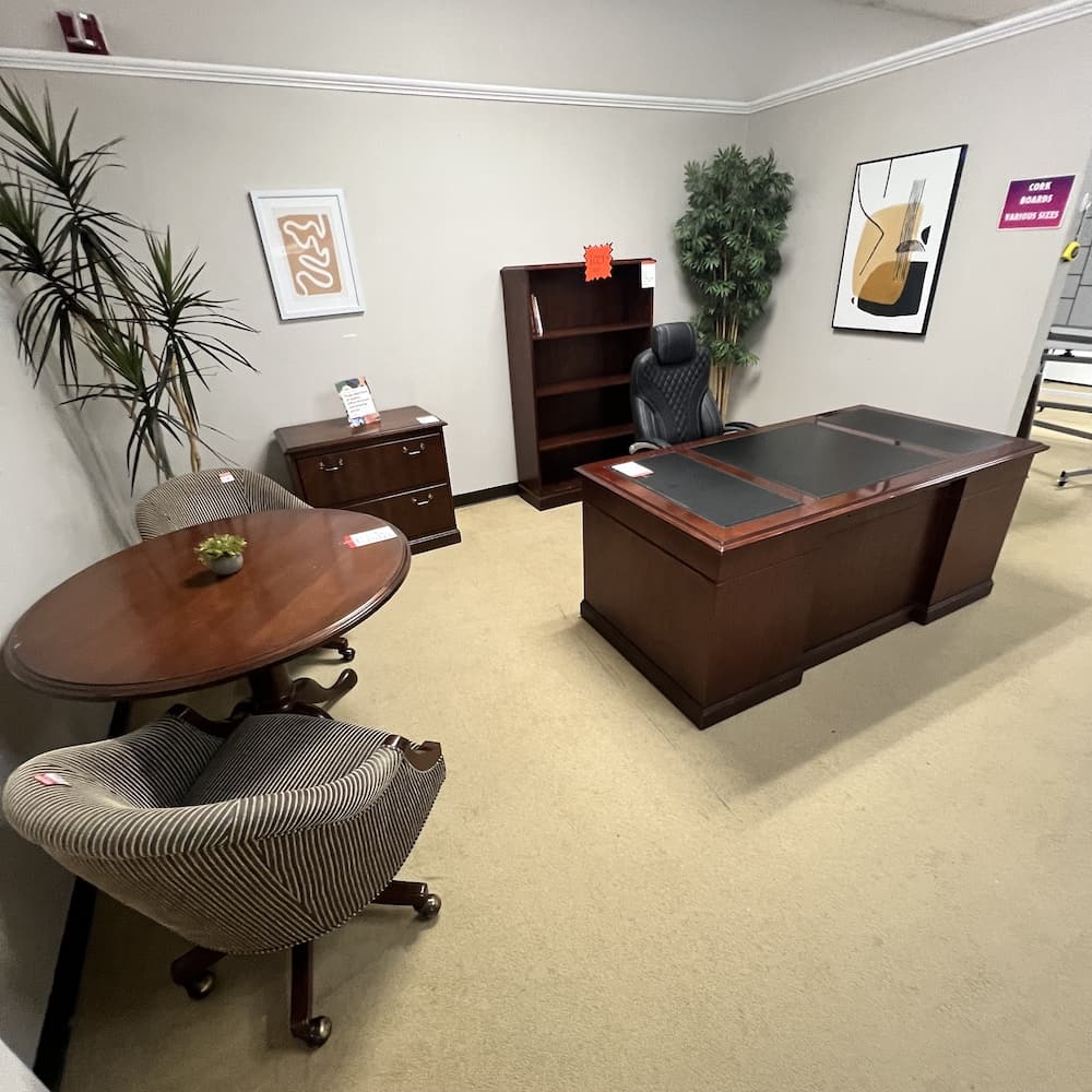 traditional veneer decks executive set, mahogany Kimball steelcase, vintage, used office furniture