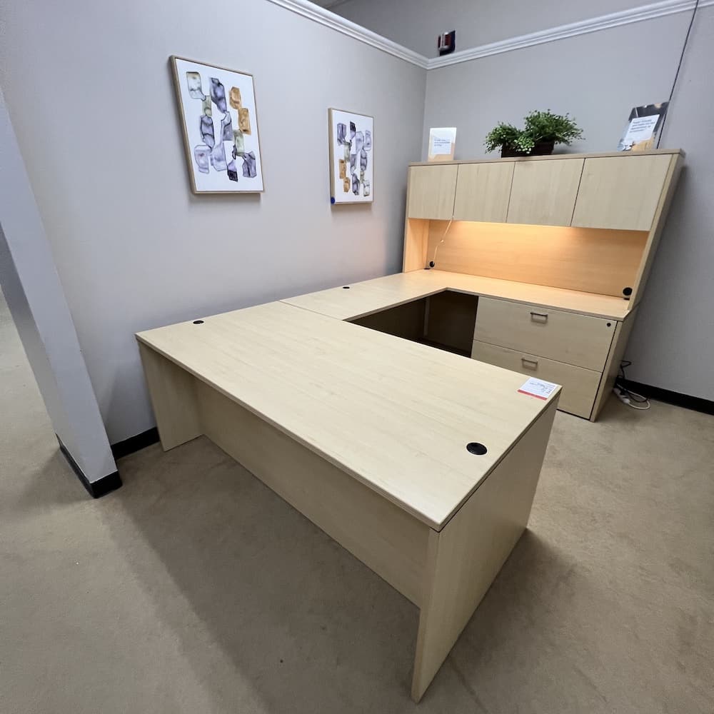 maple laminate u-desk right return with hutch, used office furniture