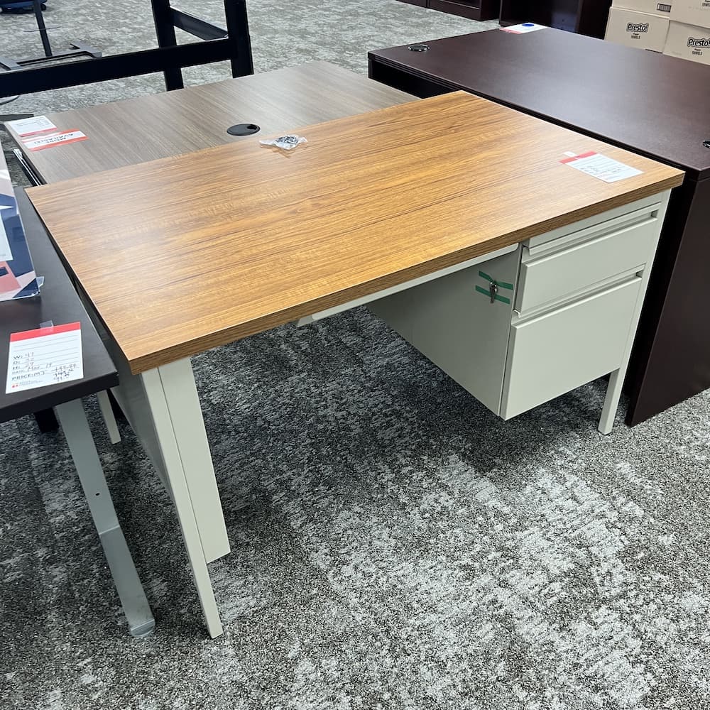oak laminate and beige metal, desk with single hanging box file, open box global, teacher desk, scratch n dent