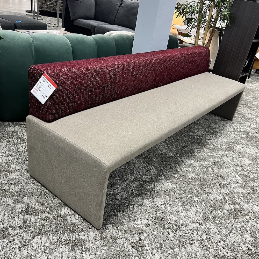 purple red and taupe tan upholstery, steelcase coalesse together sofa couch, commercial office furniture, used office furniture