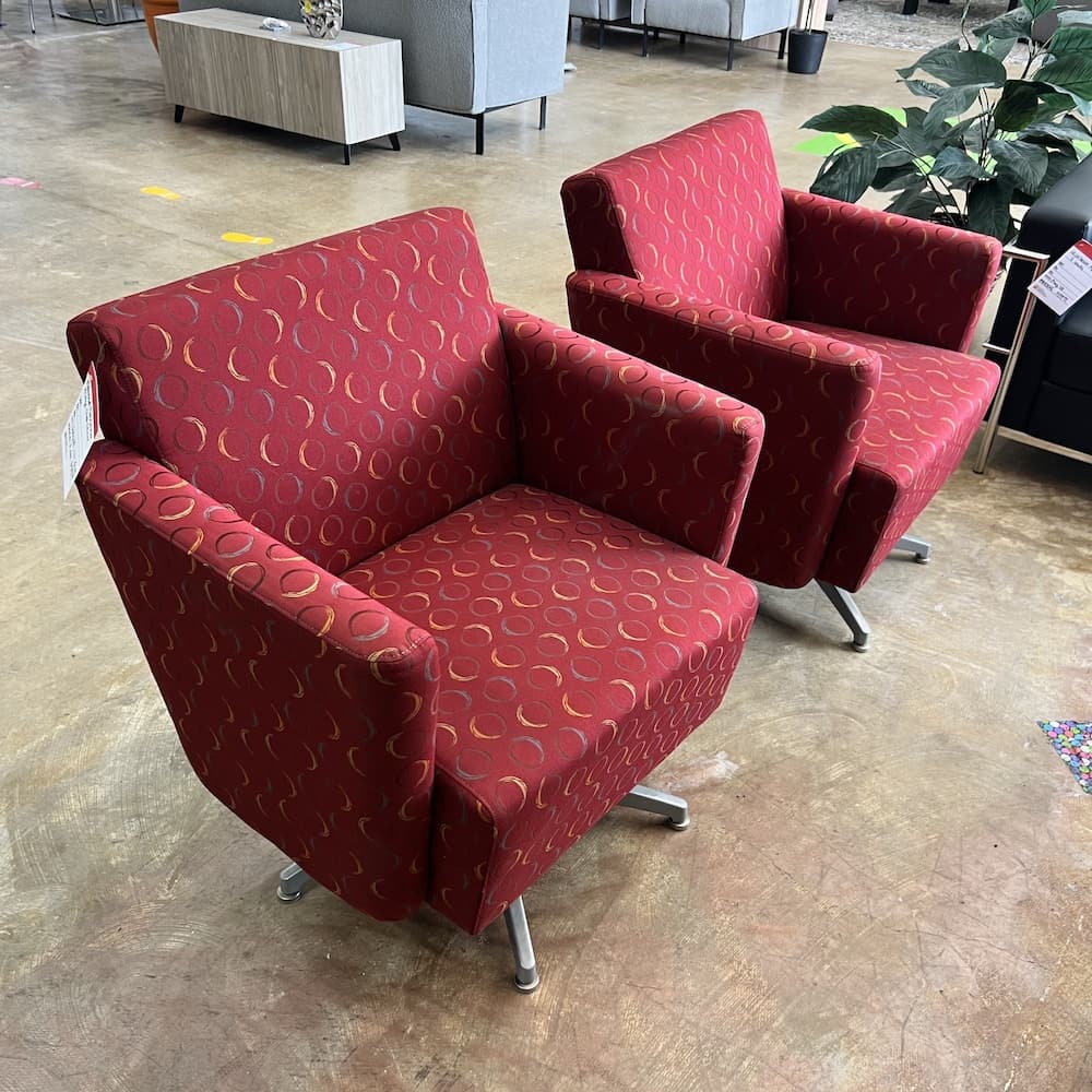 red upholstered swivel lounge chairs, Kimball national furniture, used office furniture, commercial contract furniture