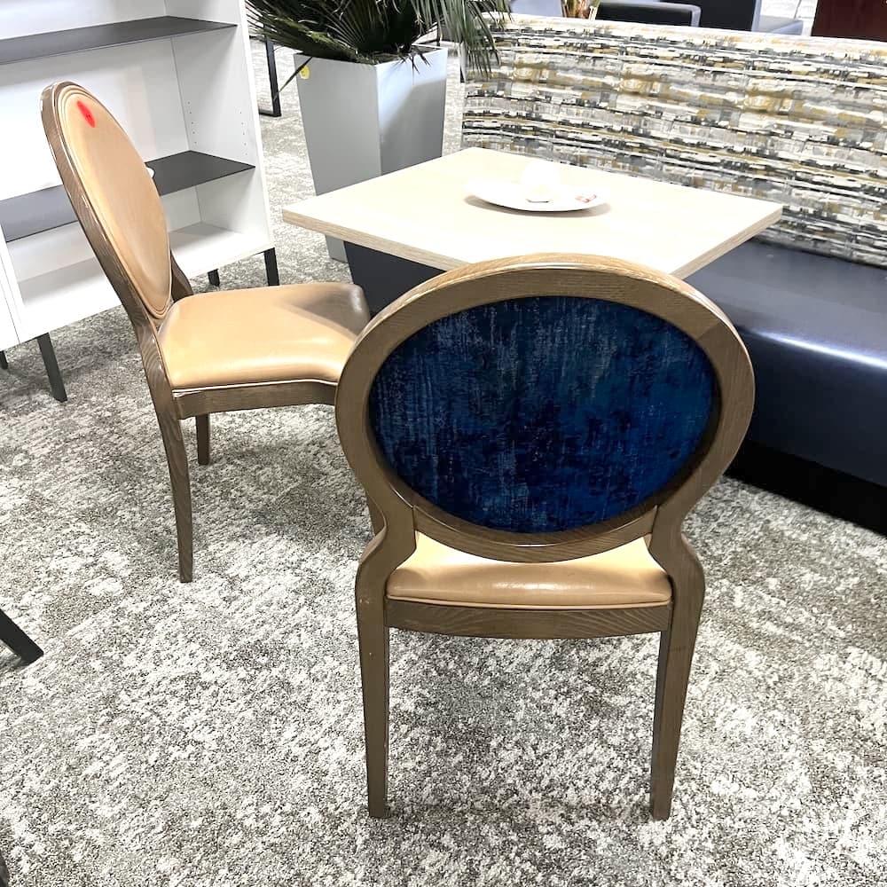 taupe vinyl dining chair with blue back, used hospitality furniture