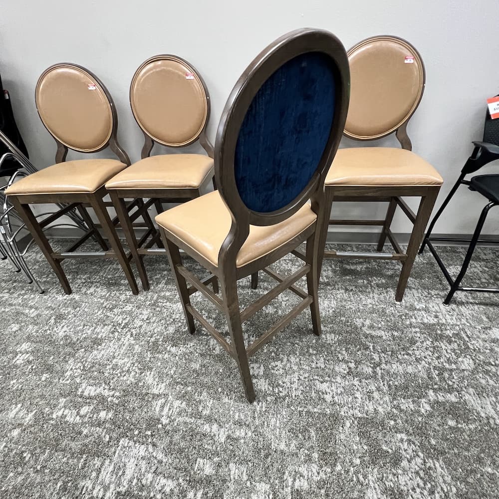 taupe vinyl dining stool with blue back, used hospitality furniture