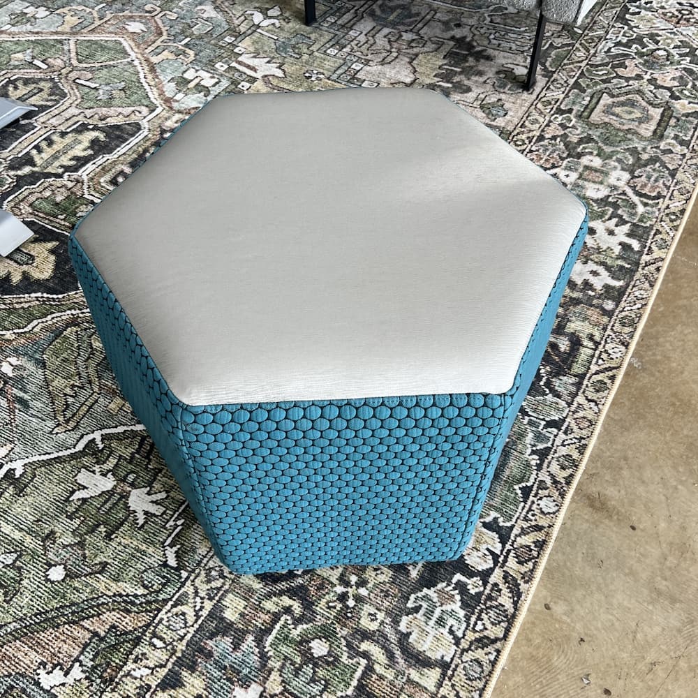 teal and grey upholstered hexagon ottoman, corporate flex seating, used office furniture