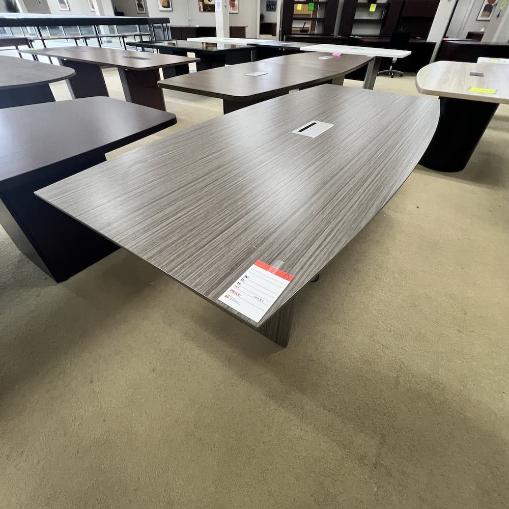 8 ft walnut laminate boat shaped conference table with board base and silver power insert, used office furniture