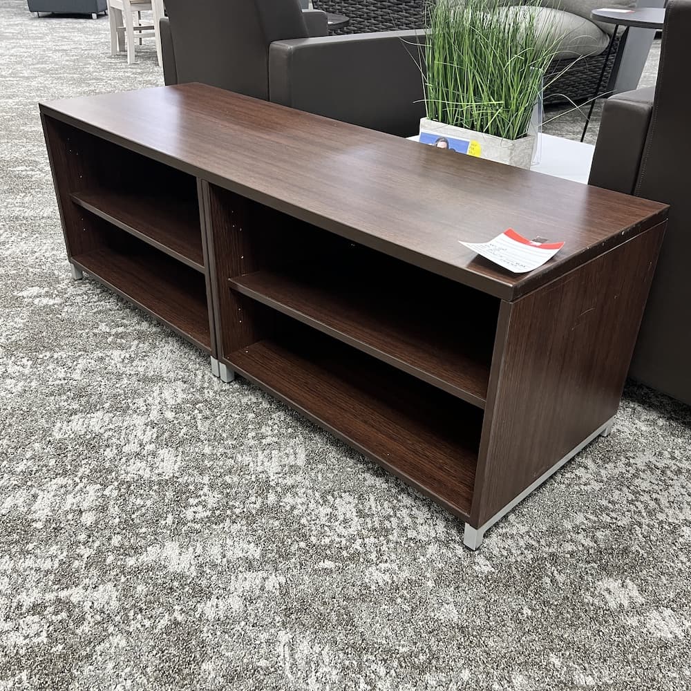 walnut laminate bookcase storage credenza with metal legs, used office furniture