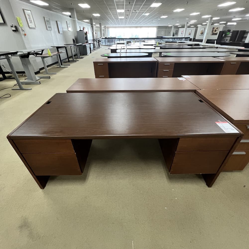 walnut vintage desk with double box file, 72 x 36, Kimball, used office furniture