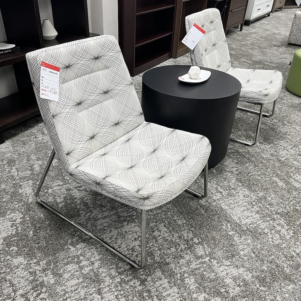 white geometric patterned accent chairs by Davis furniture, used commercial furniture, office