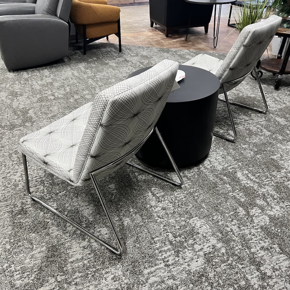 white geometric patterned accent chairs by Davis furniture, used commercial furniture, office