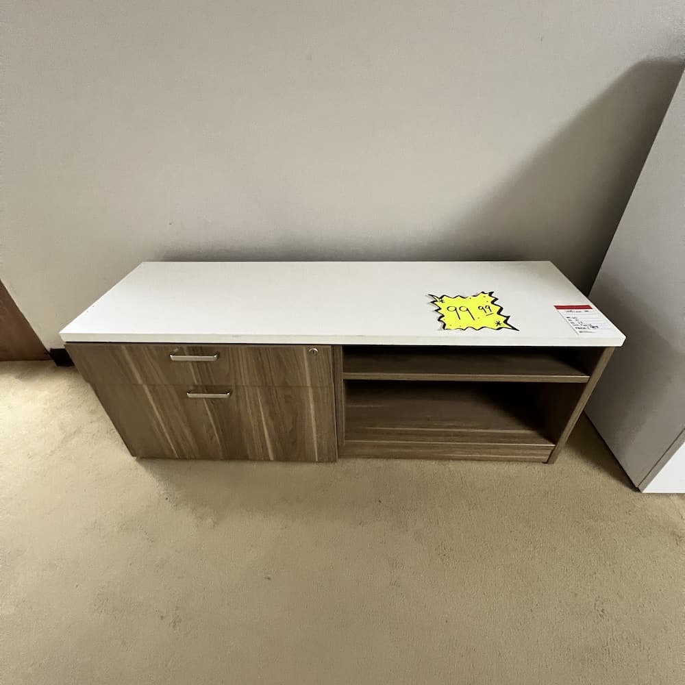 steelcase white laminate storage cabinet with oak laminate base silver pulls, 2 lateral file drawers, white top, used office furniture