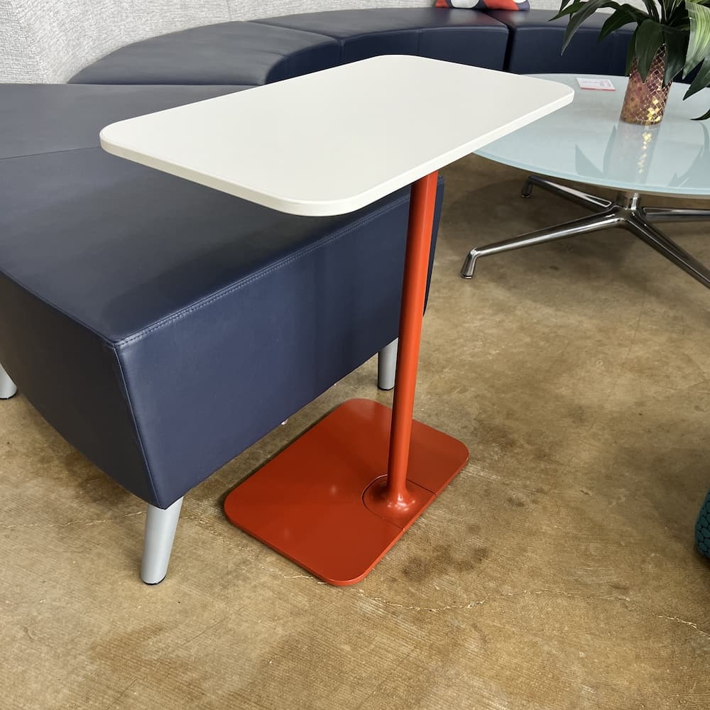 steelcase side table white laminate top and orange red metal base, used office furniture