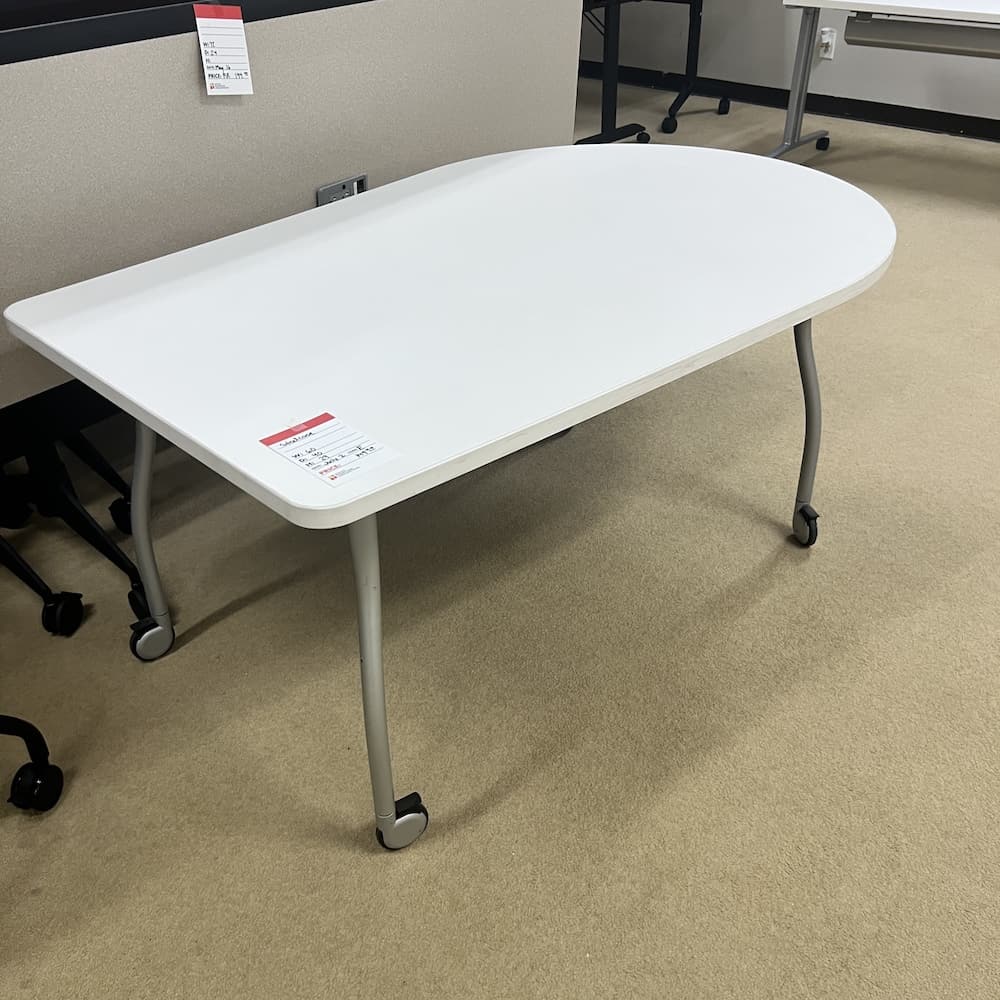 white laminate gumdrop shaped mobile collaboration table, used office furniture, steelcase