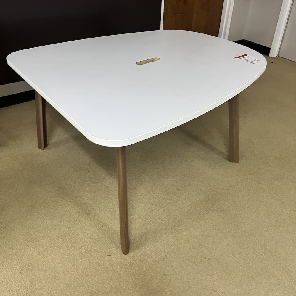 verily white laminate gumdrop shaped collaboration table, used office furniture, steelcase