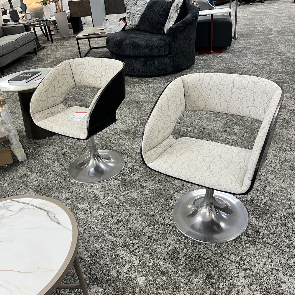 beige and espresso swivel chairs with chrome silver base, used office furniture MCM style