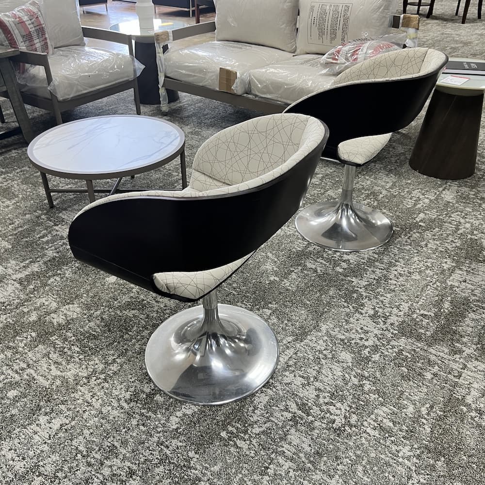 beige and espresso swivel chairs with chrome silver base, used office furniture MCM style