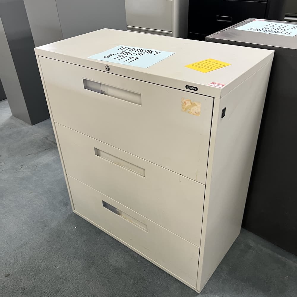 beige metal lateral file global 3 drawer file cabinet, used office furniture global