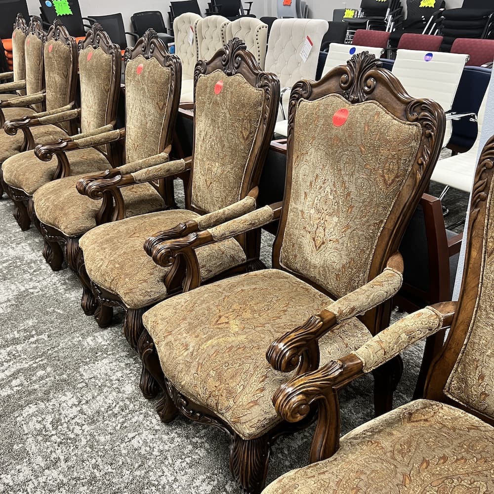 beige paisley upholstered traditional dining chair, used furniture