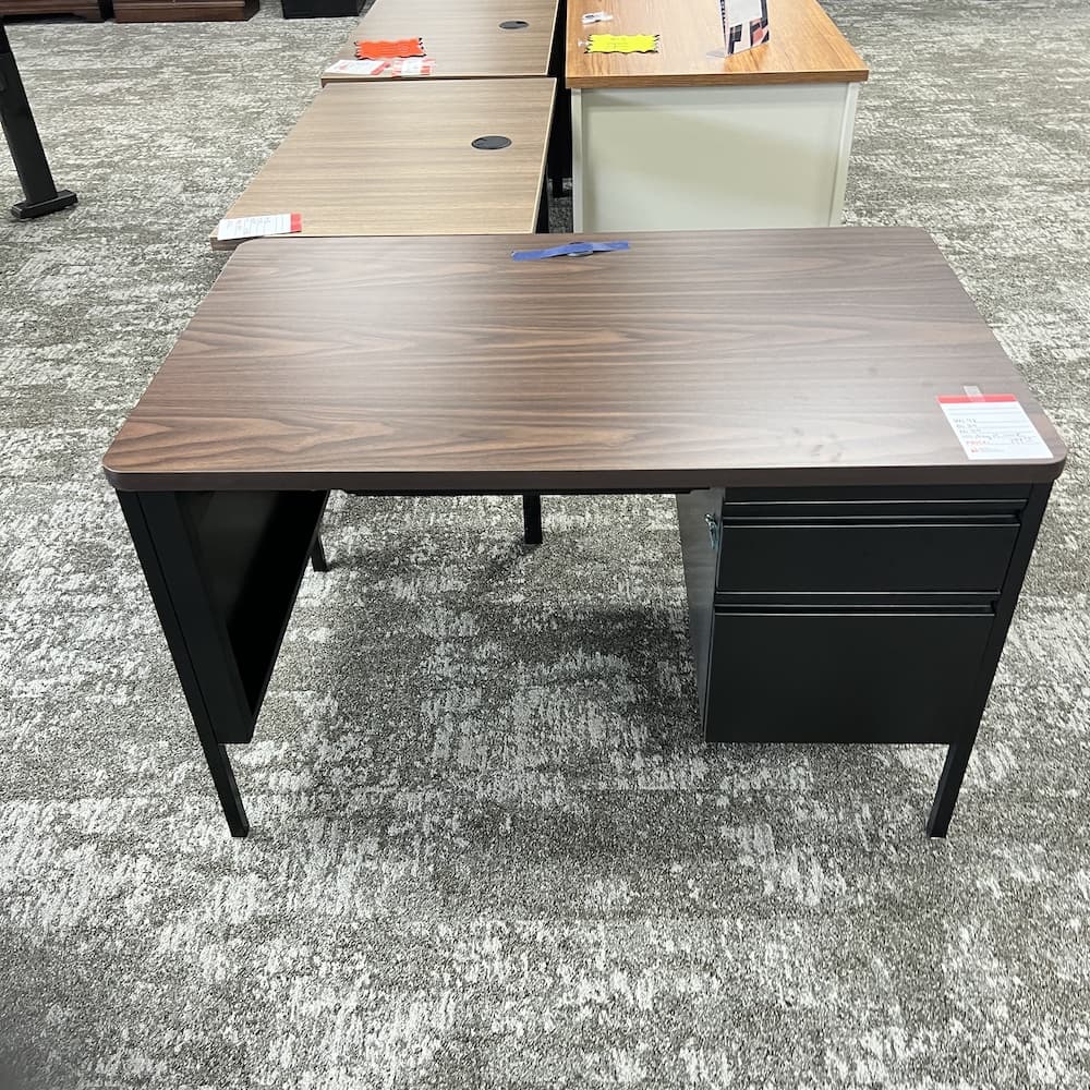 black met and and walnut laminate teacher desk, 48 x 30 scratch n dent open box office furniture