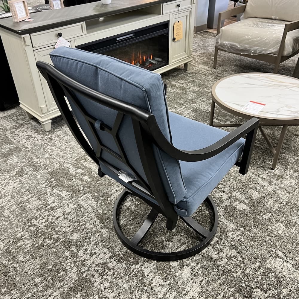 blue and black swivel chair outdoor patio