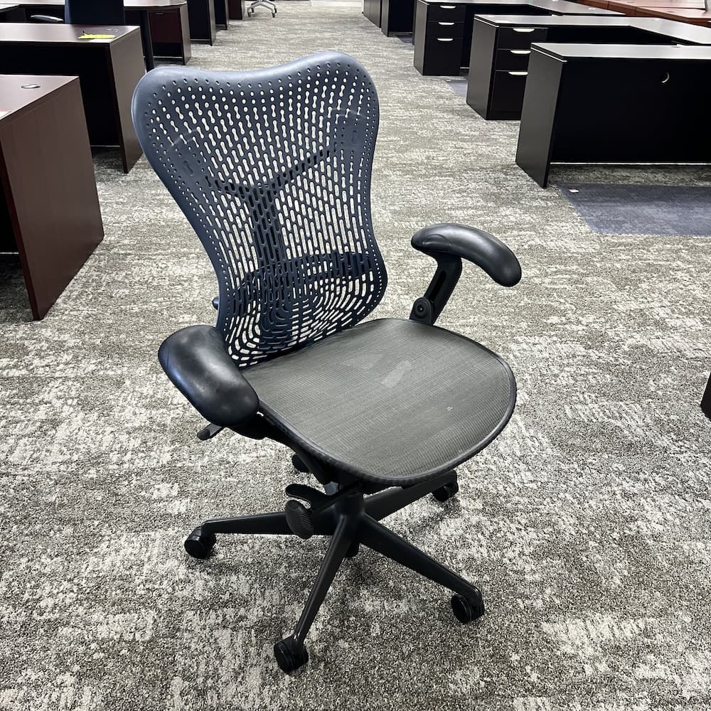 blue and grey mirra Herman Miller task chair, used office furniture