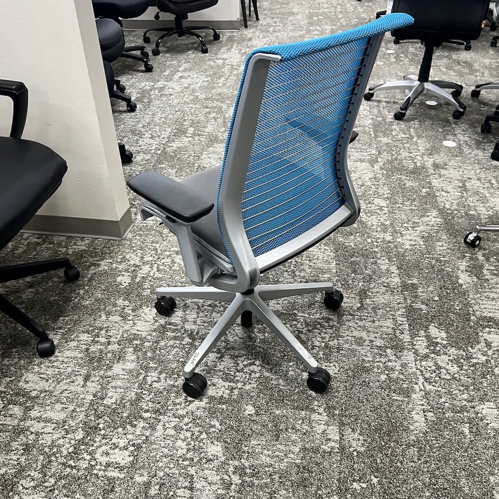 blue mesh back steelcase think v1 task chair, grey seat, used office furniture