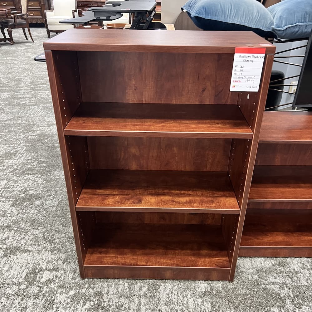 cherry laminate board back 48" tall bookcase, red, used office furniture