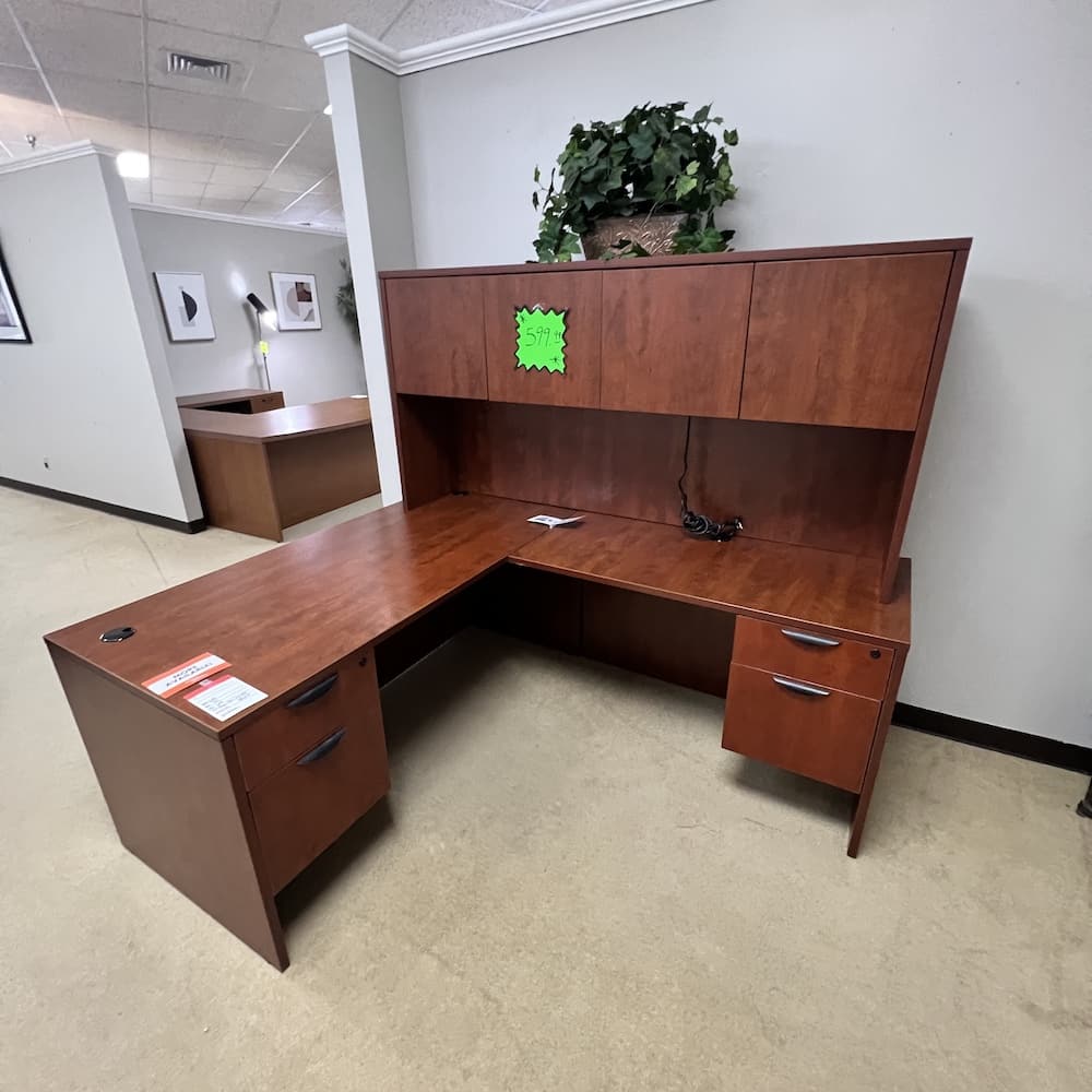 66" x 78" Cherry Laminate L-Desk with Hutch and 2 Hanging Box/files - Right Return