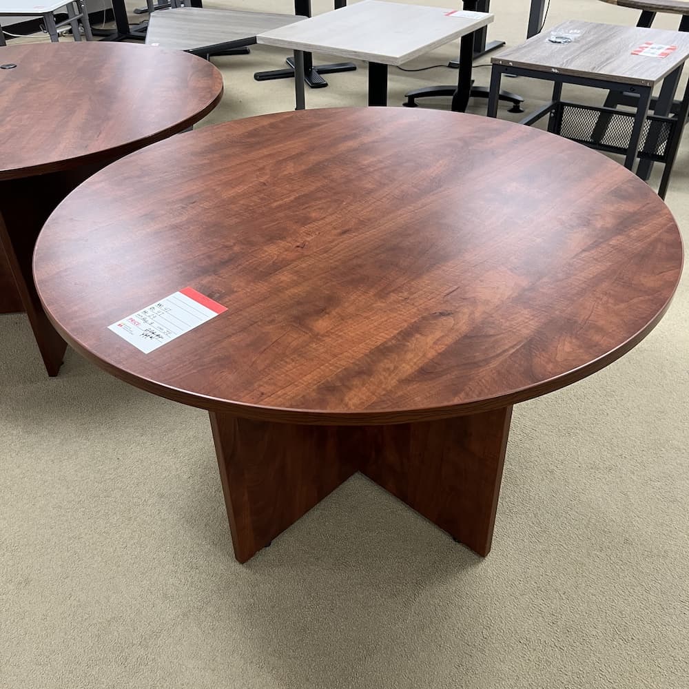 cherry laminate round break room table with board base, 48", used office furniture