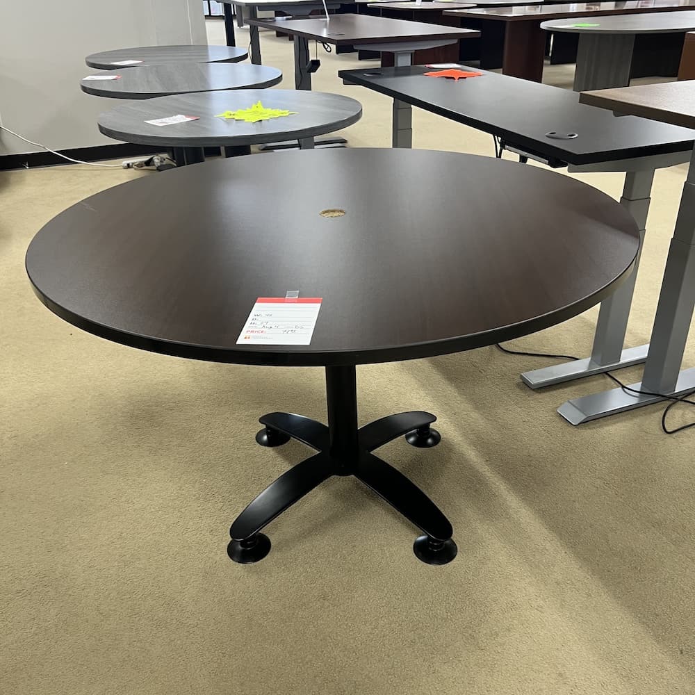 espresso round table with black metal base 48", used office furniture