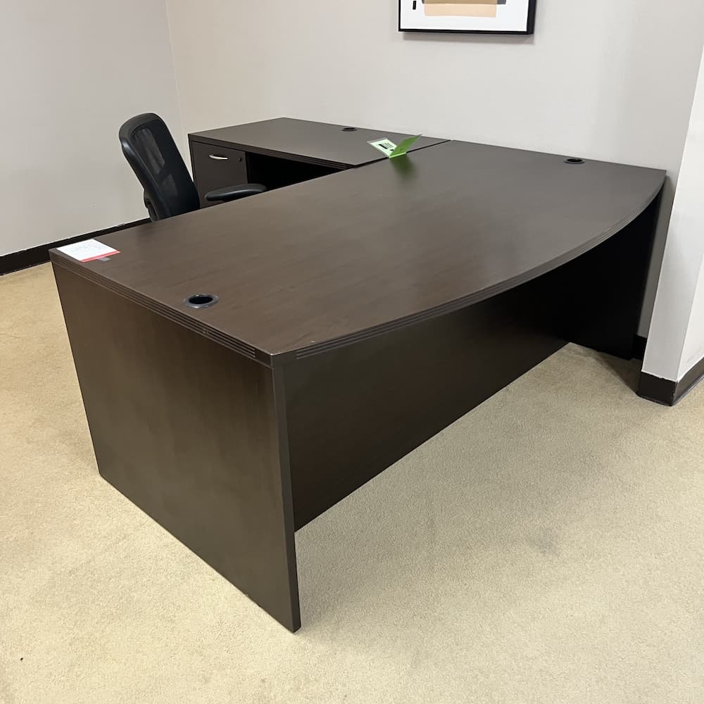 espresso l-desk left return with double pedestal and bow front, used office furniture