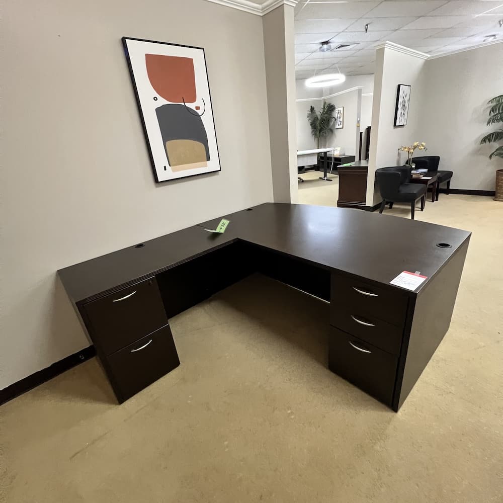 espresso l-desk left return with double pedestal and bow front, used office furniture