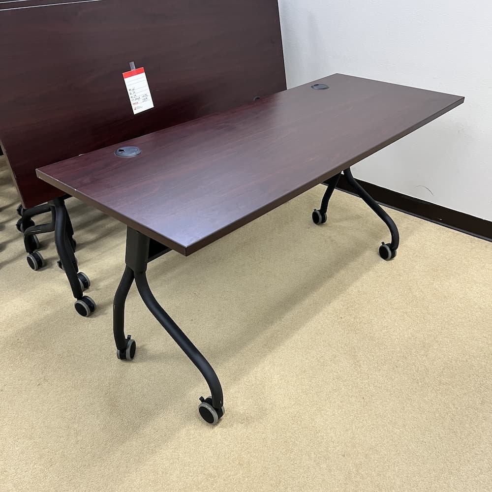 mahogany laminate top training table with black metal base, 60 x 24, used office furniture