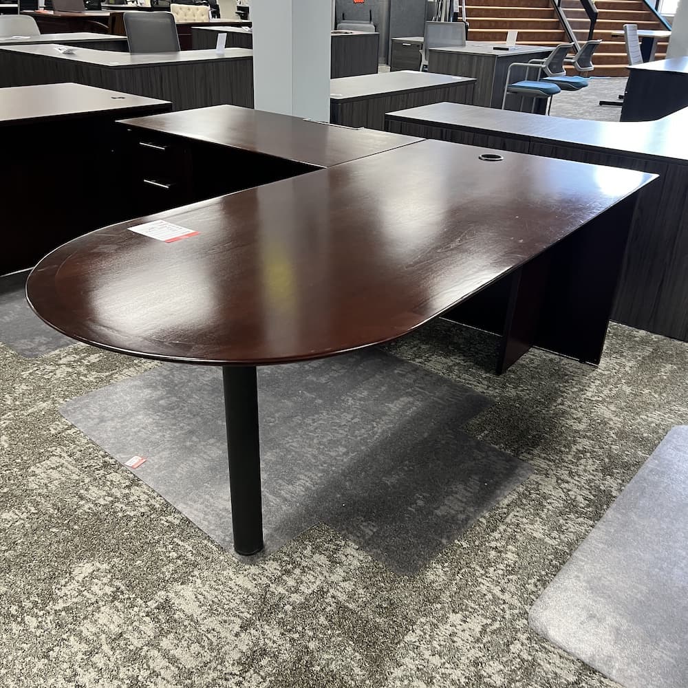 espresso veneer bullet nose l-desk left return with single box box file, used office furniture