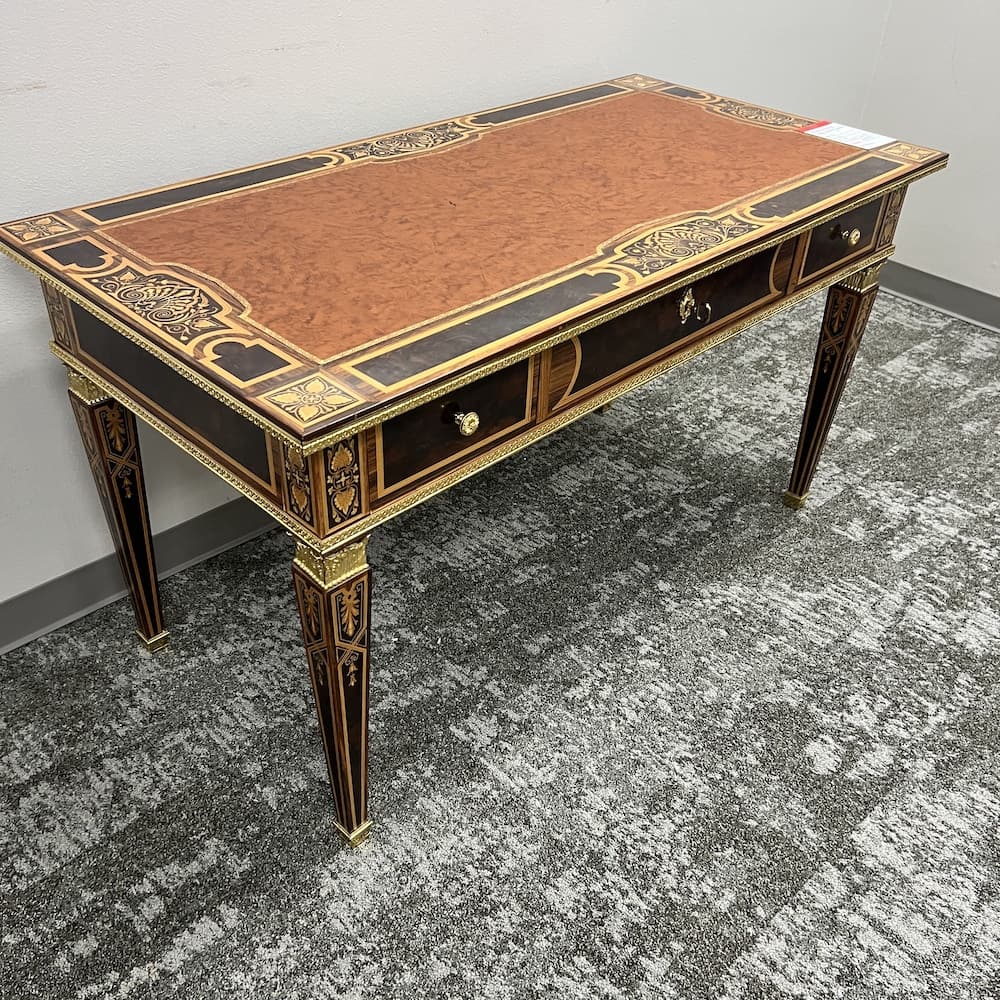 gold inlay French rococo writing desk, very ornate with 3 drawers, used office furniture
