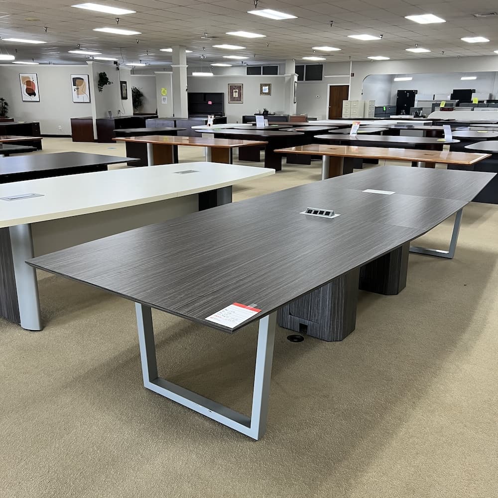 grey laminate boat shaped conference table, 13 ft, used office furniture