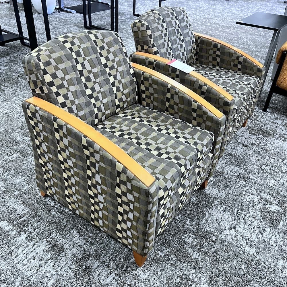 Set of 2 - Krug Jordan Green Grey Squares Upholstery and Honey Veneer Lounge Chair