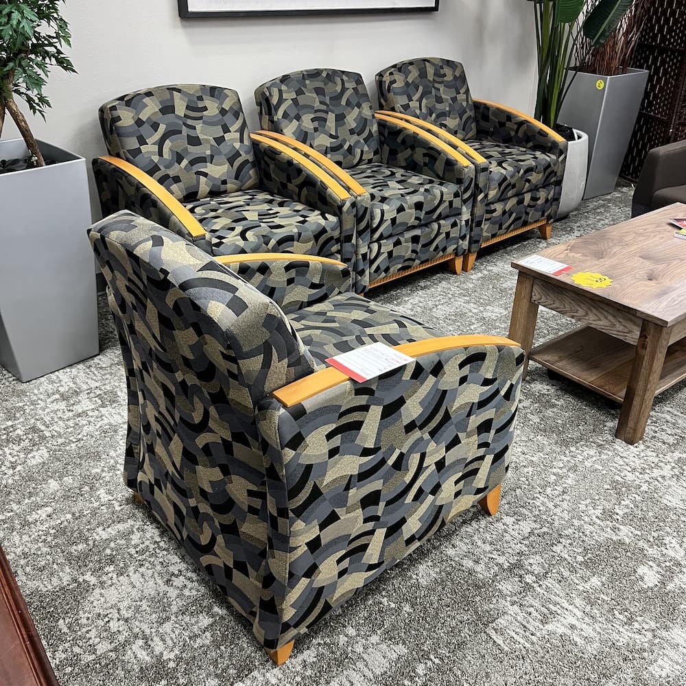 Set of 2 - Krug Jordan Green Grey Swirls Upholstery and Honey Veneer Lounge Chair - Image 2