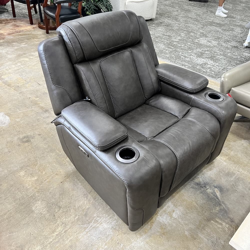 Denver leather power recliner chair, taupe grey, used home furniture